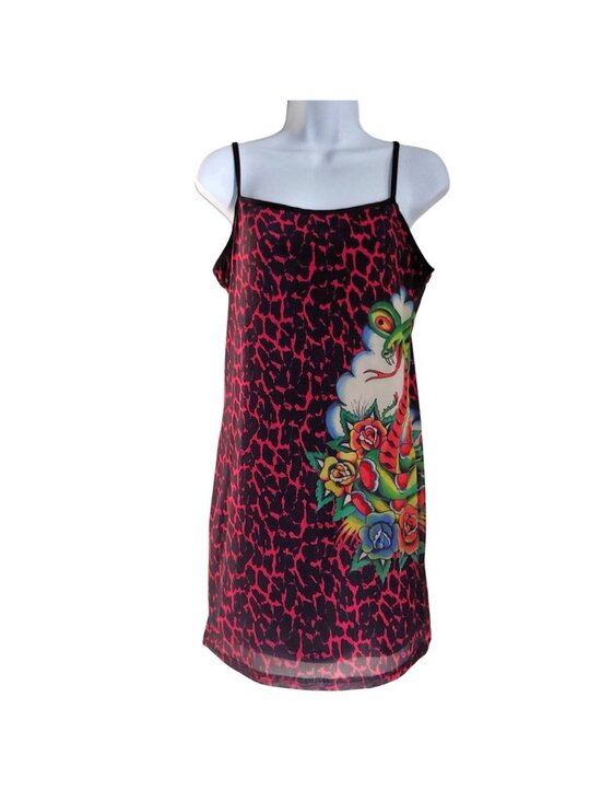 Ed Hardy Slip Dress Tattoo Snake Bratz Sleeze Y2K Mini Strappy Edgy Clubwear L - Picture 2 of 12